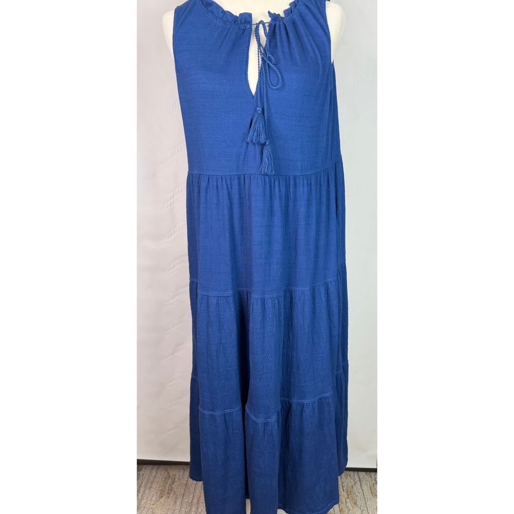 Max Studio Sleeveless Ruffled and Layered Blue Color Maxi With Tassel Tie